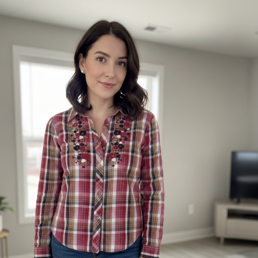 Alia Red Black Plaid Embroidered Women's Cotton Blend Button Up Shirt Size 10